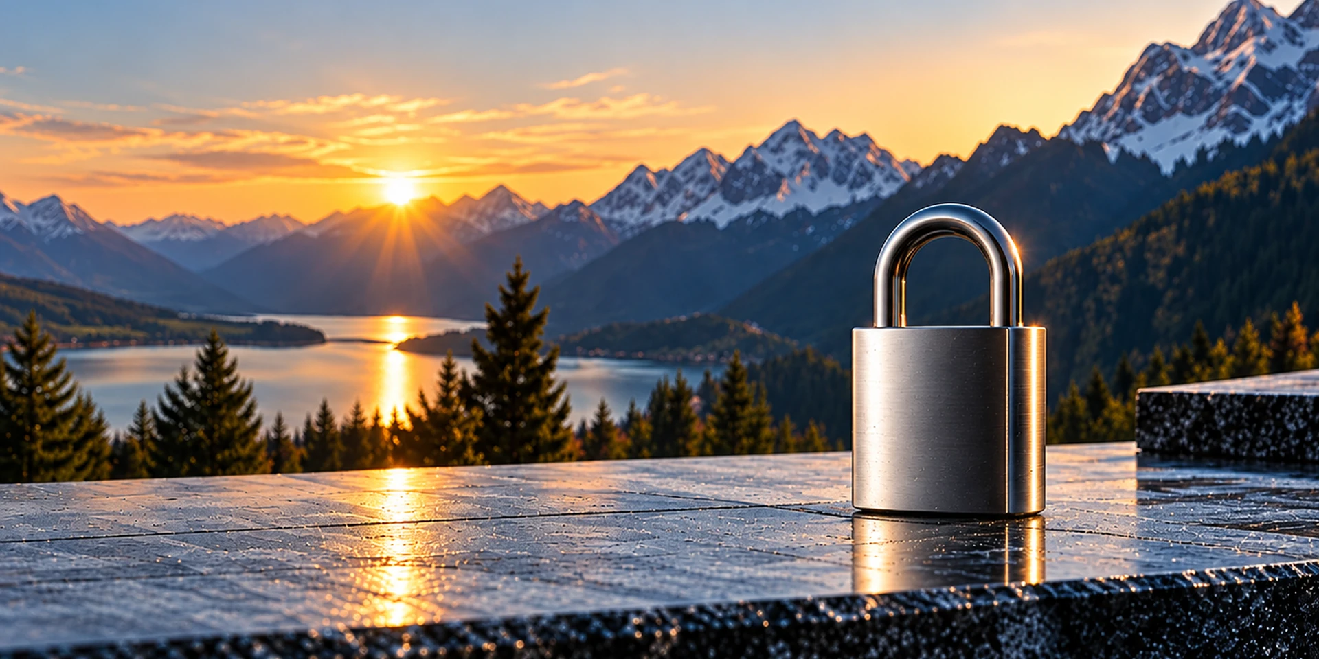 Metallisches Vorhängeschloss vor einem Schweizer Bergsee im Morgenlicht