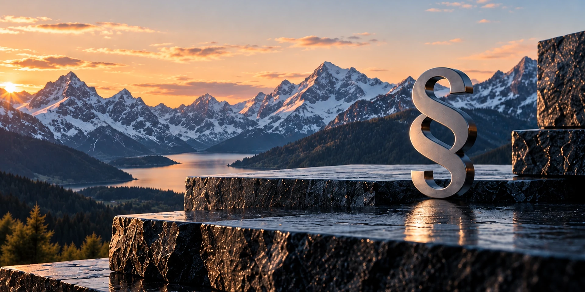 Metallisches Paragraphenzeichen auf dunklen Steinstufen vor Schweizer Alpen im Abendlicht