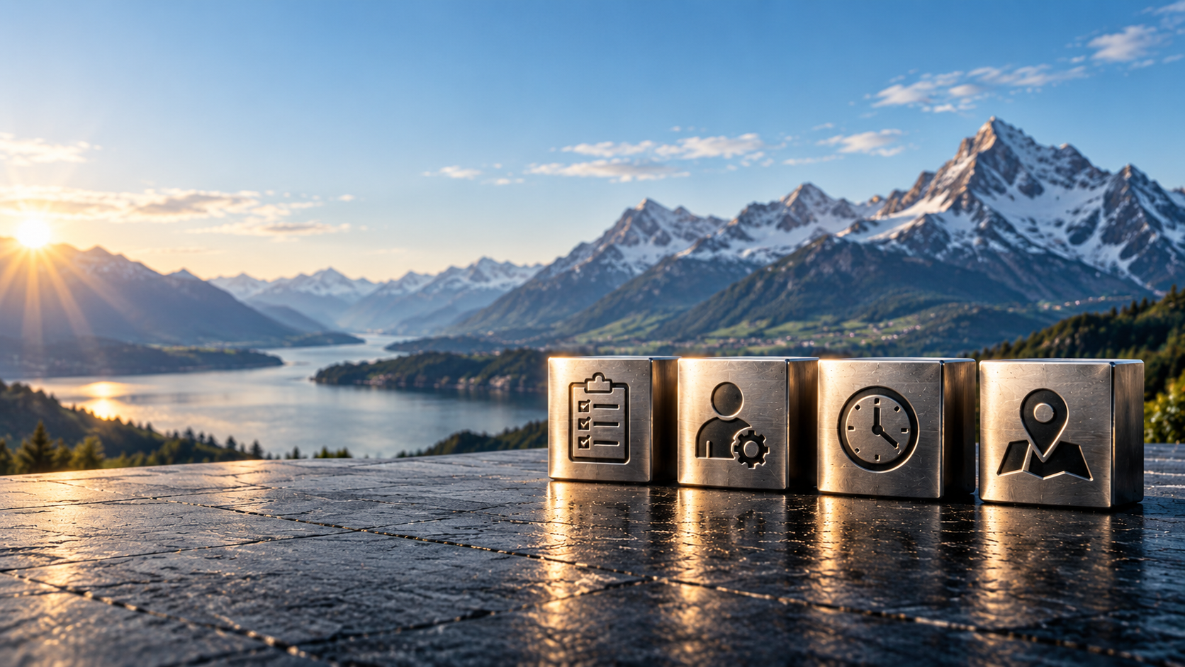 Metallische Symbole für Anforderungen, Fachkenntnisse, Arbeitszeit und Arbeitsort vor einer Berg- und Seekulisse.